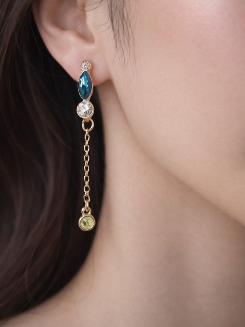Gold Drop Earrings with Teal and Lime Crystals- NWT